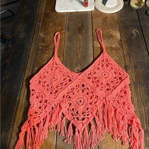 Coral Crochet Fringe Top